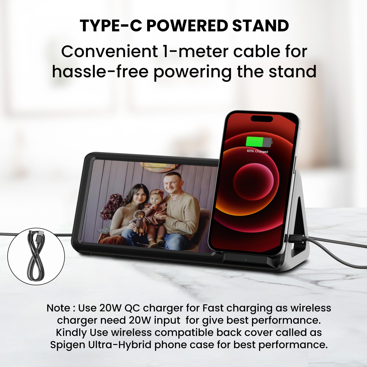 Portronics Freedom 5 – 15W Wireless Charger & Photo Frame combines functionality with style. Charge your devices wirelessly while displaying your favorite photos in a sleek, modern design.