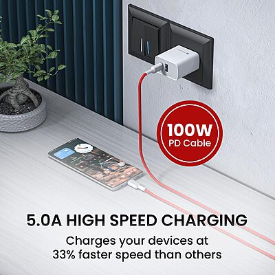Portronics Link C Square – 100W Type-C Cable, 1M Red, fast charging, durable design, high-speed data transfer, compatible with various devices, perfect for home and office use, stylish and efficient.