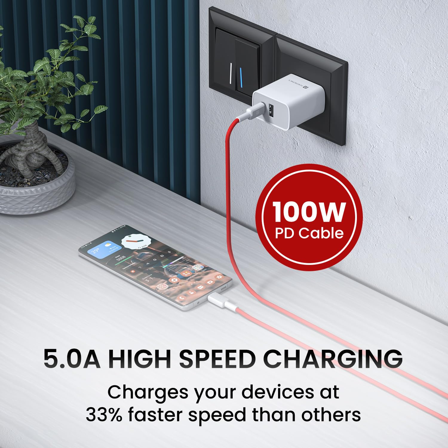 Portronics Link C Square – 100W Type-C Cable, 1M Red, fast charging, durable design, high-speed data transfer, compatible with various devices, perfect for home and office use, stylish and efficient.