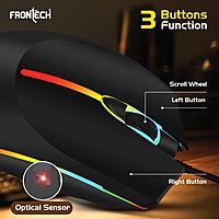 Frontech MS-0068 Wired Gaming Mouse – USB | 1200 DPI | 3 Button Design | RGB Lighting | Compact Stylish Build | Black | PC & Laptop