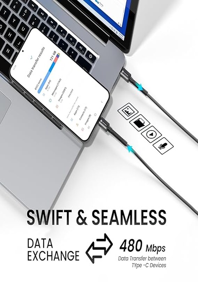 Portronics Konnect X 60W Type C to Type C Unbreakable Nylon Braided Cable, 2M Fast Charging Cable for iPhone 15 series, iPad, Samsung Galaxy & other Type C Devices Portronics Konnect X 60W Type C to Type C Unbreakable Nylon Braided Cable, 2M Fast Charging Cable for iPhone 15 series, iPad, Samsung Galaxy & other Type C Devices