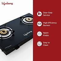 Lifelong 2 Burner Gas Stove Top for Kitchen - Manual Ignition Cooktop Modern Glass Stove for Modular Kitchen, ISI Certified