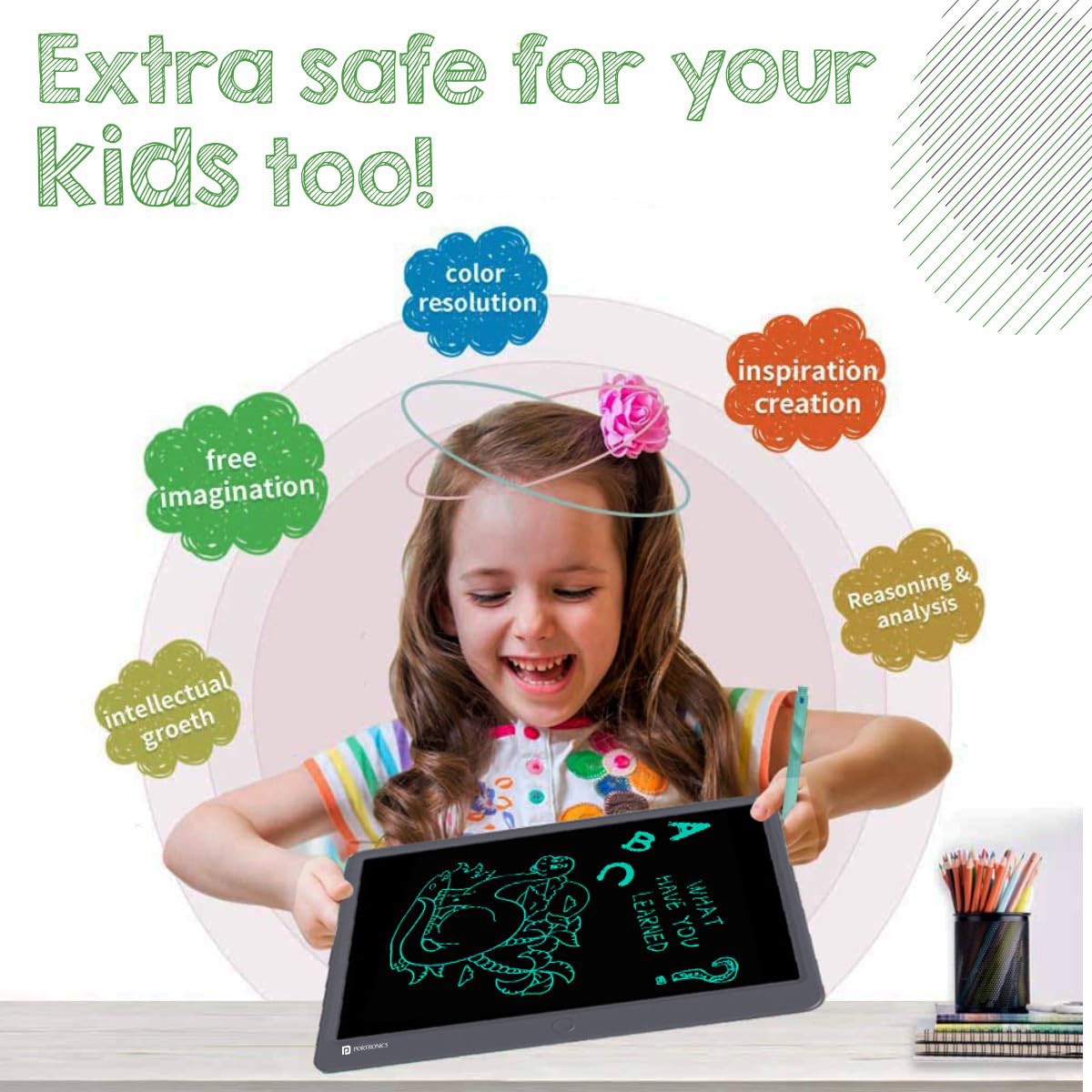 Portronics Ruffpad 15 – 15" LCD Writing Pad, Grey. Perfect for notes, sketches, and reminders. Lightweight, portable, and eco-friendly. Easy to use with a simple erase button. Ideal for all ages.