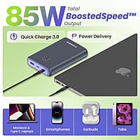 Ambrane 85W Fast Charging Powerbank for MacBook, Type C Laptop & Mobile Charging, 20,000mAh Battery, Triple Output