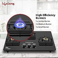 Lifelong 3 Gas Burner Top - 3 Burners Hob Top Gas Stove with Automatic Ignition - Toughened Glass top Gas Stove