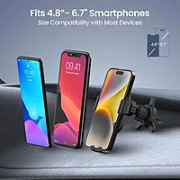 Portronics Clamp 4 – 15W Wireless Car Charger, Vent Mount: Effortlessly charge your phone while driving. Features adjustable grip, fast charging, and easy installation for a seamless experience.