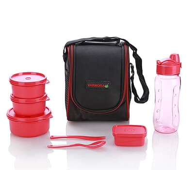 Varmora Plastic Xclusive Lunch Box Tiffin 1Nos-100ml, 2Nos-230ml, 1Nos-500ml Container, 500ml Bottle