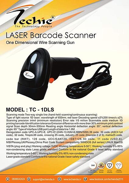 Techie TC 1DLS USB 1D Laser Barcode Scanner