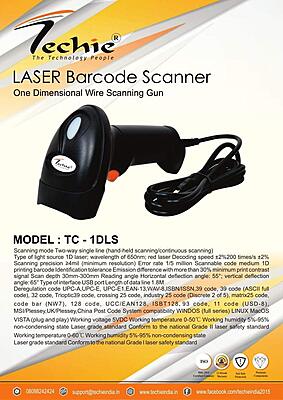 Techie TC-1DLS – Lightweight 1D Laser USB Wired Scanner | High-Speed Scanning | Ergonomic Handheld Design | Plug & Play