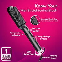 AGARO Hair Straightening Brush, Hair Straightening Comb For Women, Fast Heating, Ionic Care, 5 Heat Settings, Hair Straightener