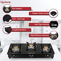 Lifelong 3 Burner Gas Stove Top for Kitchen - Manual Ignition Cooktop Modern Glass Stove for Modular Kitchen, ISI Certified