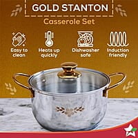 Wonderchef Gold Stanton Stainless Steel 3 piece Casserole Set with Glass Lid Set of 3 (1.6L, 2.3L, 3.1L)