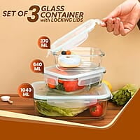 AGARO Borosilicate Glass Containers with Lids, 3 pcs Set (370ml, 640ml &1040ml), Microwave Safe