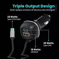 Portronics 71W Triple Output Car Charger with Type-C PD & USB Fast Charging Black
