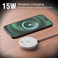 Portronics Quikk Qi2 15W Mag Wireless Charger features Type-C input for fast charging. Its sleek design and magnetic alignment ensure efficient power delivery for your devices. Compact and portable.