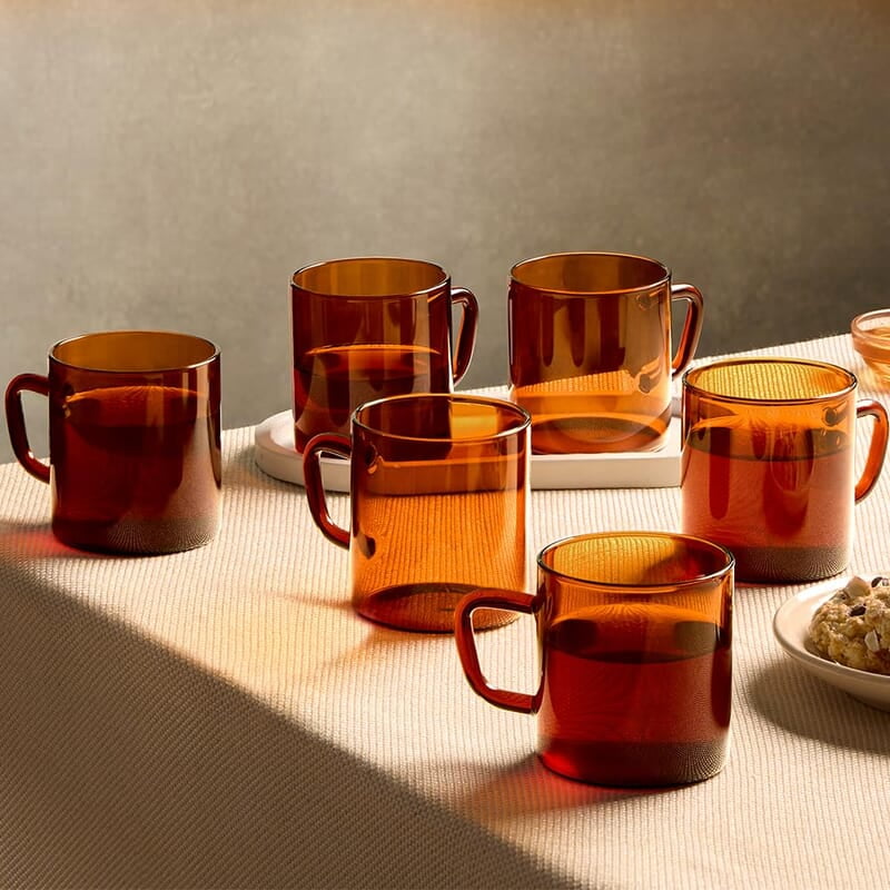 Borosil Classic Amber Mug, Borosilicate Glass, Scratch Resistant, Microwave Safe, Lightweight, for Chai, Green Tea, Milk, Coffee, Cold Coffee, 190 ml, Set of 6