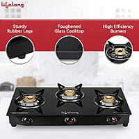 Lifelong 3 Burner Gas Stove Top for Kitchen - Manual Ignition Cooktop Modern Glass Stove for Modular Kitchen, ISI Certified