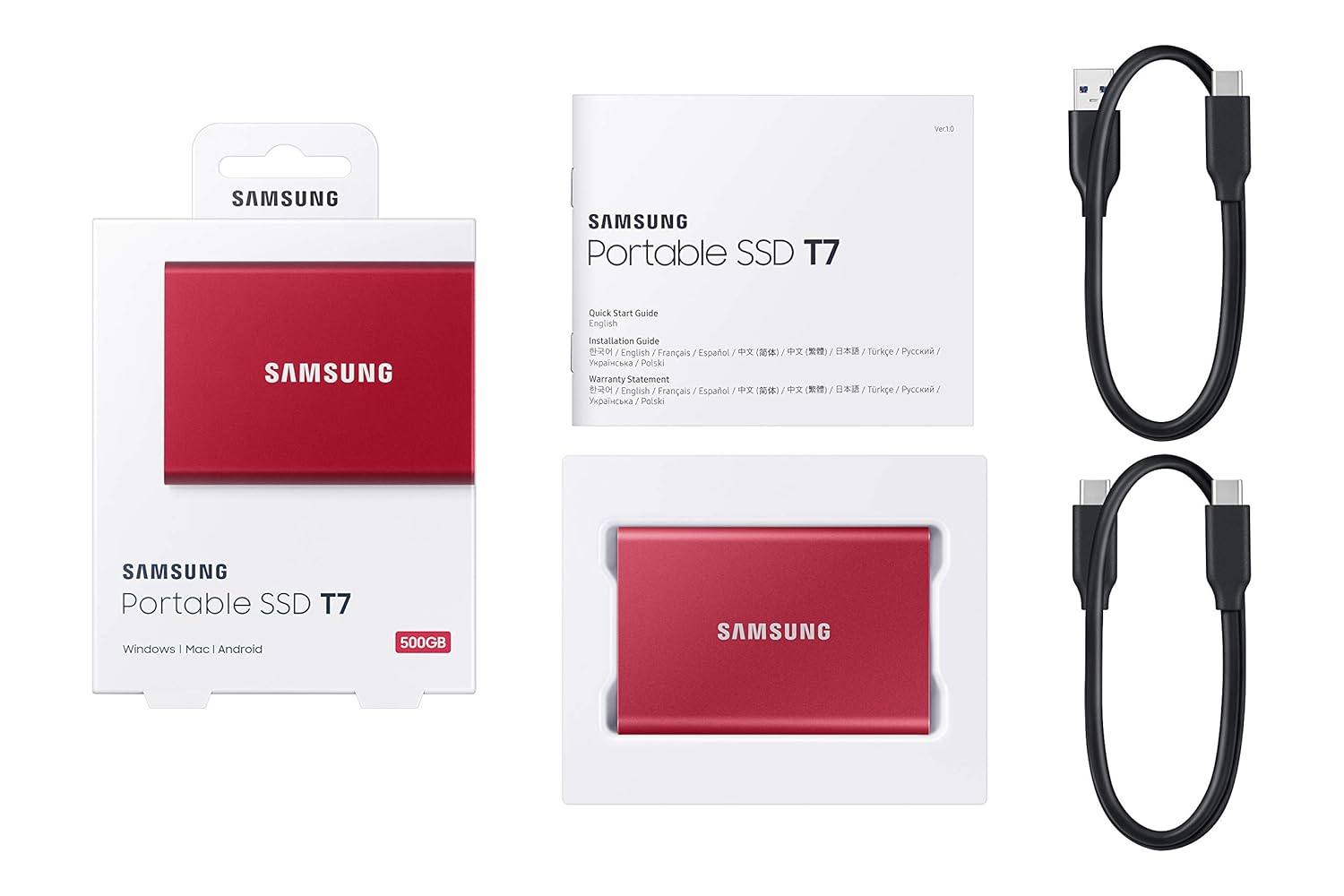 Open Box Samsung Portable SSD 500GB - Up to 1050MB/s - USB 3.2 External Solid State Drive, Red, SSD T7 500GB