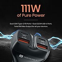 Portronics Car Power Quard 111W 4 Port Car Charger Dual Type-C PD & USB Fast Charging