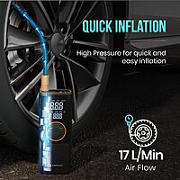 Portronics Vayu 4.0 – 2-in-1 Tyre Inflator, Black. Compact and portable, this device inflates tyres quickly and features a built-in LED light for nighttime use. Ideal for cars and bikes.