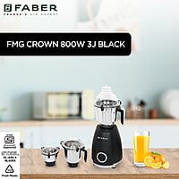 Faber Crown 800W Blender Mixer Grinder, 3 SS clip lock jars and blades low-noise copper motor, up to 20000 rpm speed
