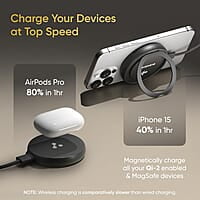 Ambrane 15W MagSafe Wireless Charger & Mobile Stand Lightweight & Foldable for iPhone 15/15 Plus/15 Pro/15 Pro Max, iPhone 12/13/14 Series & Other Qi Devices + Magnetic Ring