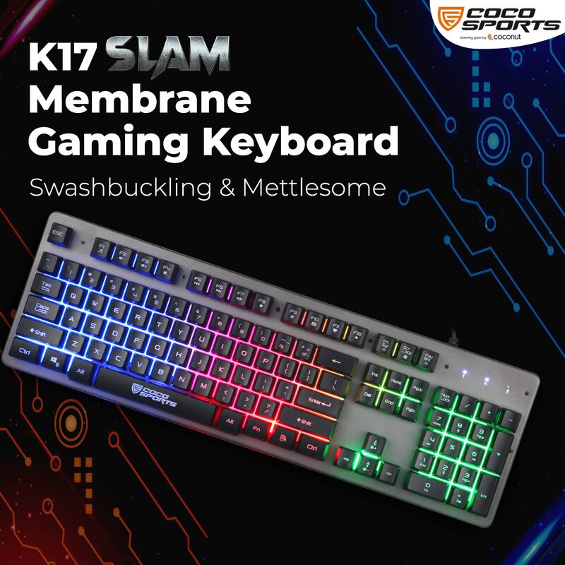 Coconut K17 Slam Wired Membrane Gaming Keyboard – Full Size 104 Keys | Rugged Iron Top | Backlit | 1.5m Braided Cable | Plug & Play | Gaming for Windows & Mac