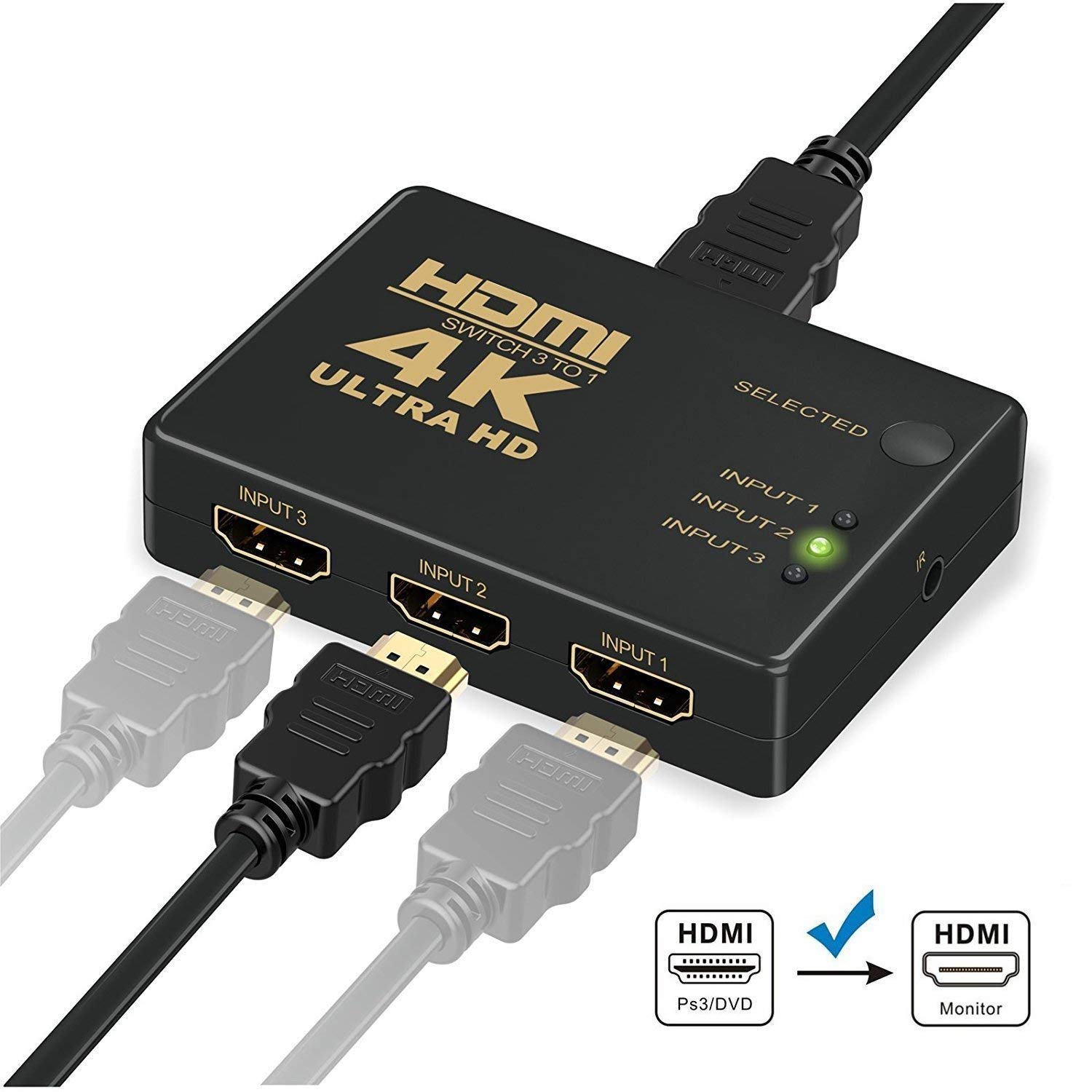 HDMI Switcher 4K (3x1) with PIP & IR Remote Control Multiple Devices on a Single Screen, Supports 4K UHD & Full HD 1080p for Bluray, PVR/Netflix/Roku/Kodi Box, PS4/PS3 HDMI Switcher 4K (3x1) with PIP & IR Remote Control Multiple Devices on a Single Screen, Supports 4K UHD & Full HD 1080p for Bluray, PVR/Netflix/Roku/Kodi Box, PS4/PS3