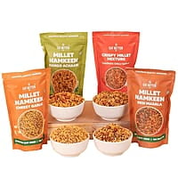 Eat Better Co – Millet Namkeen Combo – Four Flavours – Desi Masala, Mango Achari, Cheesy Garlic and Chilli Garlic – 4 * 100 grams - Healthy Snacks for Adults Combo