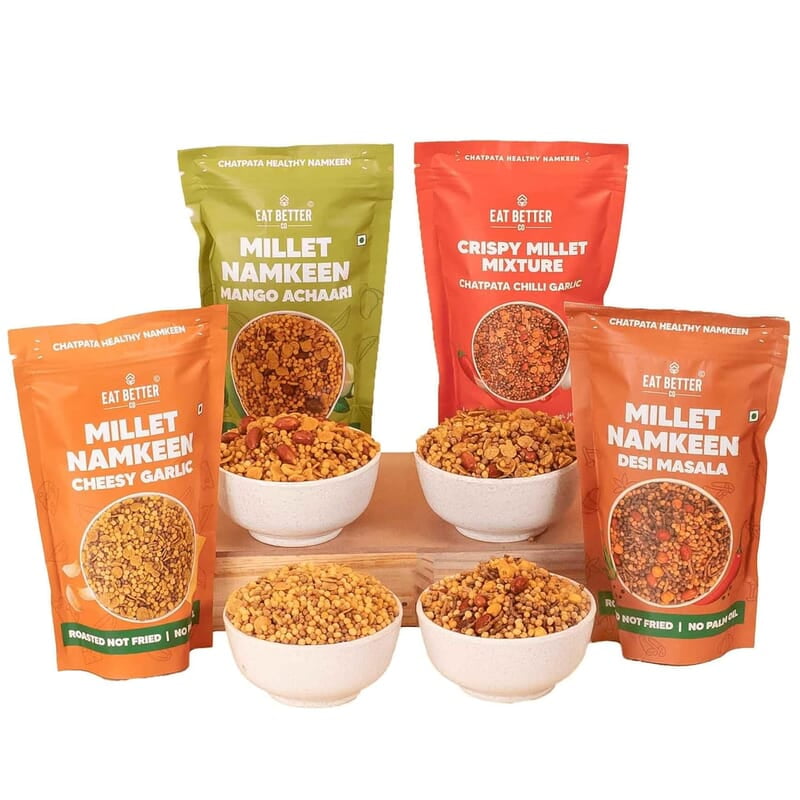 Eat Better Co – Millet Namkeen Combo – Four Flavours – Desi Masala, Mango Achari, Cheesy Garlic and Chilli Garlic – 4 * 100 grams - Healthy Snacks for Adults Combo