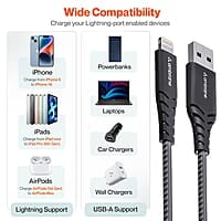 Ambrane USB to Lightning 3A Fast Charging Braided Cable Compatible for iPhone 14,13, 12,11, X, 8, 7, 6, 5, iPad, Macbook, iMac, AirPods, 480Mbps Data Sync, 1.5Meter Long (RCL -15