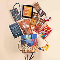 EAT BETTER CO Yaadon Ka Dabba 10-Item Rakhi Gift Hamper Evil Eye Rakhi, Chocolate Coated Almonds, Hazelnut Dry-Fruit Laddoos, Uno & More |for Brother Rakhi Gift Combo Set