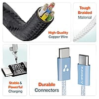 Ambrane 60W Type-C to Type-C Fast Charging Cable for Smartphones, Tablets, Laptops, iPhone 15 & Other Type C Devices, PD Technology, 480Mbps Data Sync, 1.2M (ABCC-60