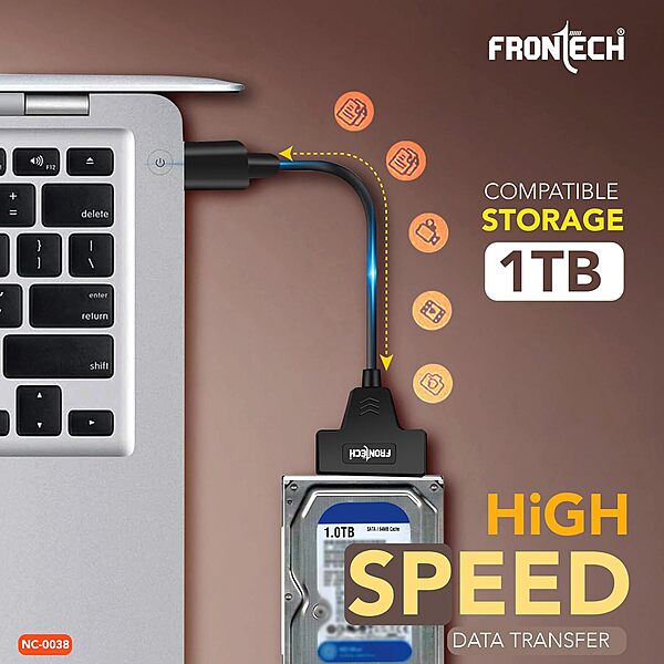 Frontech NC-0038 USB 3.0 to SATA adapter enables fast data transfer from SATA HDD/SSD to USB—perfect for backups and drive access.