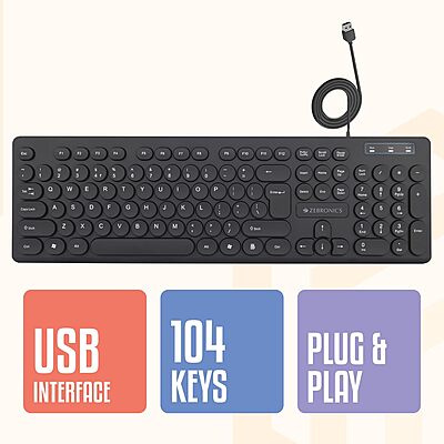 Zebronics K24 Wired Keyboard – 104 Keys, USB, Ergonomic Design, Multimedia Keys, Durable Build, Plug and Play, Ideal for Home and Office Use, Comfortable Typing Experience, Sleek Black Finish.