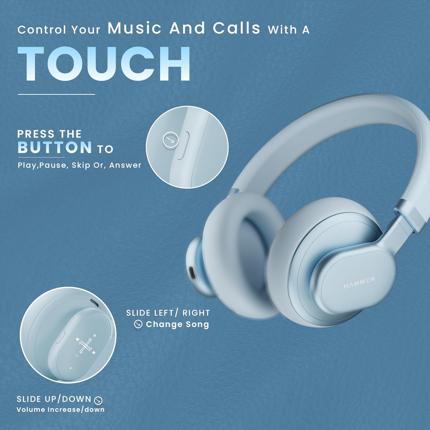 HAMMER Bash Max Over The Ear Wireless Bluetooth Headphones with Mic, Touch Control, Deep Bass, Upto 40 Hours Playtime, Bluetooth 5.3, Workout/Travel (Blue) HAMMER Bash Max Over The Ear Wireless Bluetooth Headphones with Mic, Touch Control, Deep Bass, Upto 40 Hours Playtime, Bluetooth 5.3, Workout/Travel (Blue)