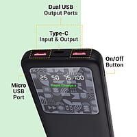 ZEBRONICS MB10000S15 Power Bank, 10000 mAh, Rapid Charge, 22.5W Output, Dual USB Output, PD 3.0 Type C, Built in Protections, Percentage Indicator