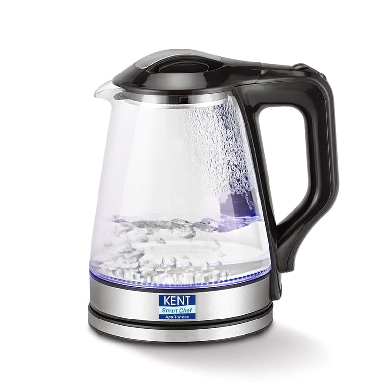 KENT 16023 Electric Glass Kettle 1.7 L | 1500W | Stainless Steel Heating Plate | Borosilicate Glass Body | Boil Drying Protection | 360° Rotating Base