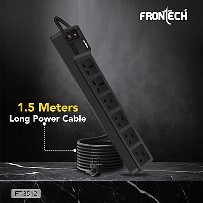 Frontech FT-3512 with 4 universal sockets, 1.5 m cable, LED indicator & surge protection. Compact and safe for home or office use.