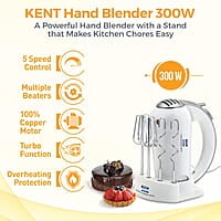 KENT 16051 Hand Blender 300 W | 5 Variable Speed Control | Multiple Beaters & Dough Hooks | Turbo Function, Plastic, 300 Watts