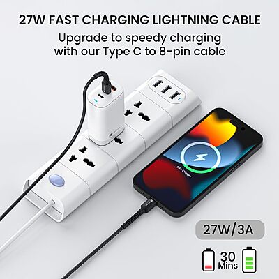 Portronics Konnect X – 27W Type-C to Lightning Cable, 2M, fast charging, durable design, compatible with iPhone, iPad, and more, perfect for quick data transfer and reliable performance.