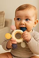 Silicone & Wooden Baby Teether for 3+ Months | BPA Free Soft Teething Toy | Safe Teether for Infants | Round Shape |