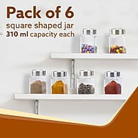 AGARO Elegant Cube Jar 310 ml, Steel Lid, Storage Glass Container Pack of 6