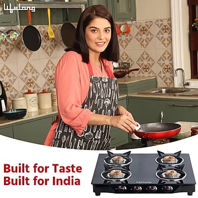 Lifelong Glass Top Gas Stove, 4 Burner Gas Stove, Black (ISI Certified,1 year warranty with Doorstep Service)