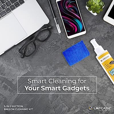 Lapcare Clean screens safely with Lapcare’s 5-in-1 kit. Includes suction balloon, brush, microfiber cloth, and anti-static solution for laptops, TVs, and mobiles.
