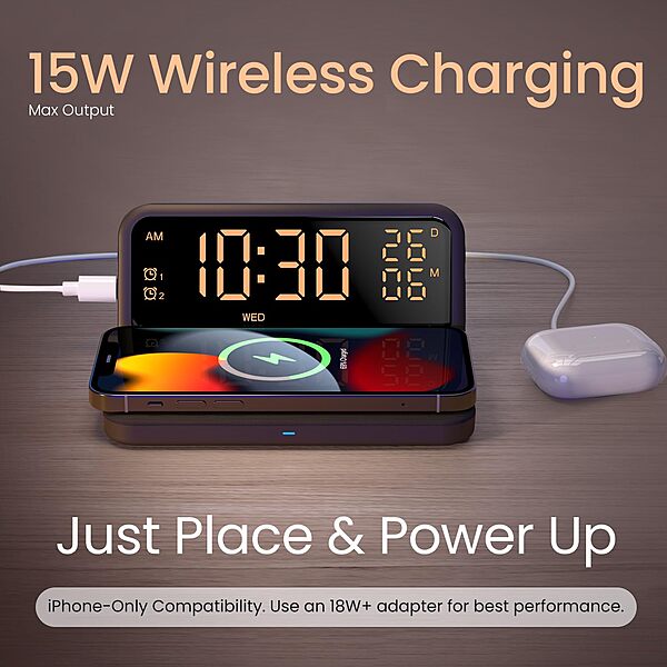 Portronics Freedom 4E 15W Wireless Charger – Dual Alarm Clock | Fabric Pad | iPhone 12–17