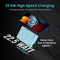 Portronics Mini 10K – Light Blue 15W Magnetic Power Bank offers a sleek design with 10,000mAh capacity, fast charging, and magnetic attachment for convenience. Perfect for on-the-go charging!