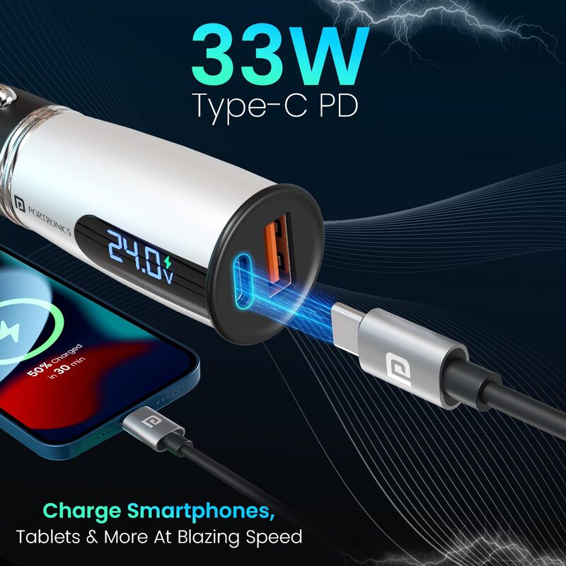 Portronics Car Power Armour 55.5W Fast Car Charger Type-C PD & USB with LED Display
