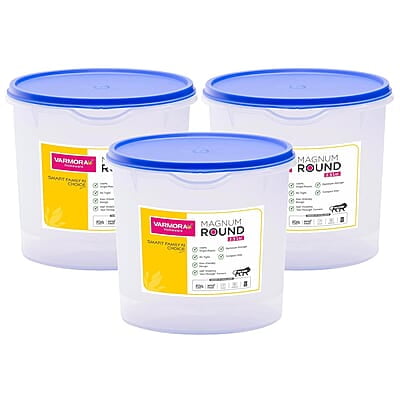 Varmora Magnum Round Smart Kitchen Storage Plastic Container – Blue Lid (2.5 Litres) (Pack of 3)