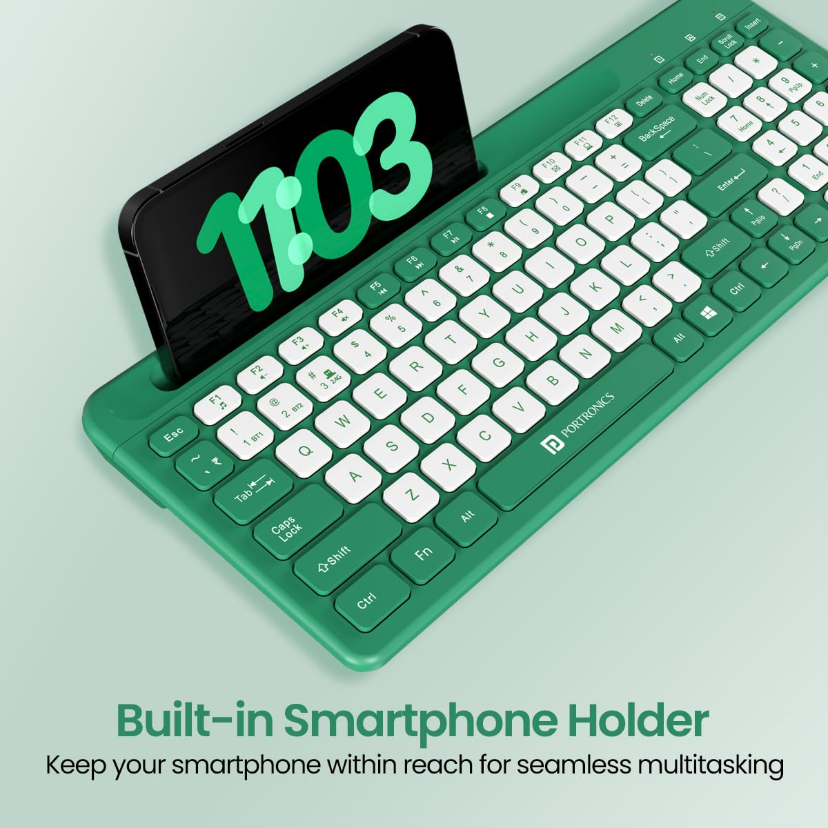 Portronics Bubble Square Bluetooth + Wireless Keyboard – Multimedia Keys  | Green | 1 Year Warranty